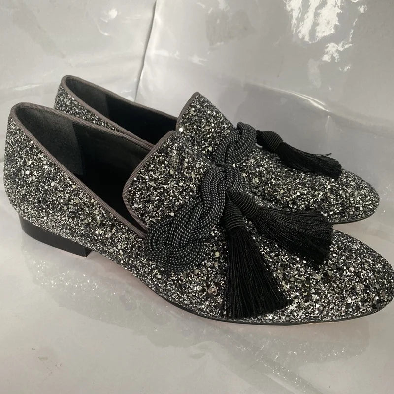 Amay Plus Size Silver Italian Glitter Loafers Mens Sequin Shoes Men Tassel Dress Wedding Shoes Classic Loafer Formal Shoes
