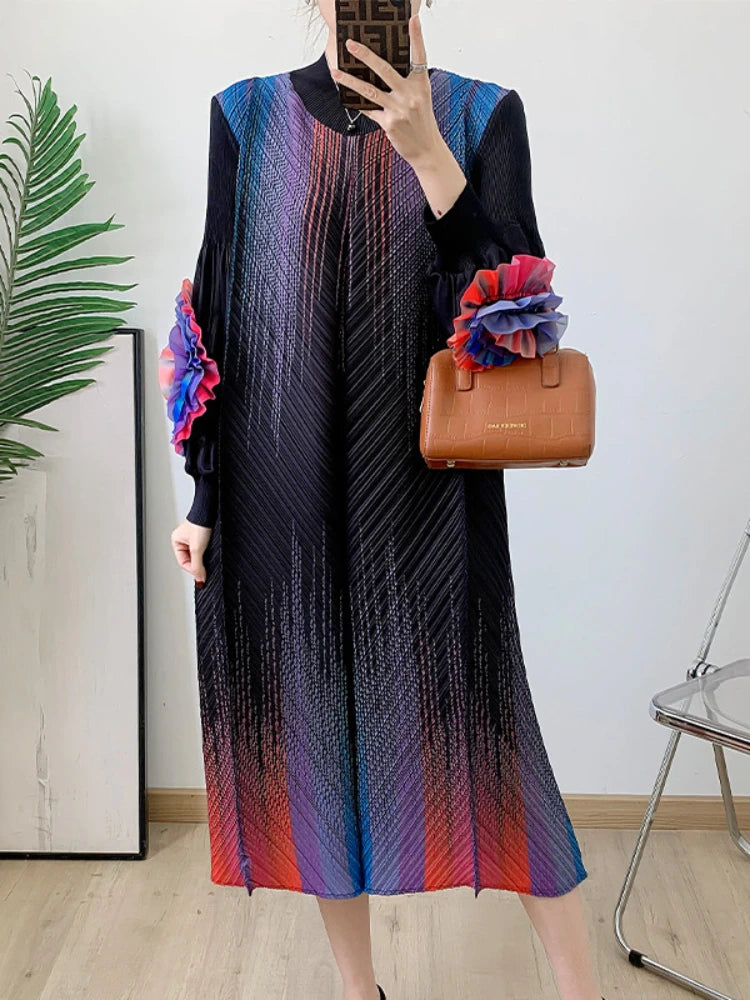 Maxy Miyake Pleated Elegant Dress Women Round Neck Spliced Fungus Long Sleeve High Stretchy Loose Dresses Spring New 6R0518