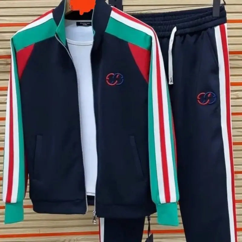 Visco Men's suit Trendy Brand High-end Color Matching Striped Distinctive Fashion Set-up Collar Zipper Cardigan Pants Two-piece Set