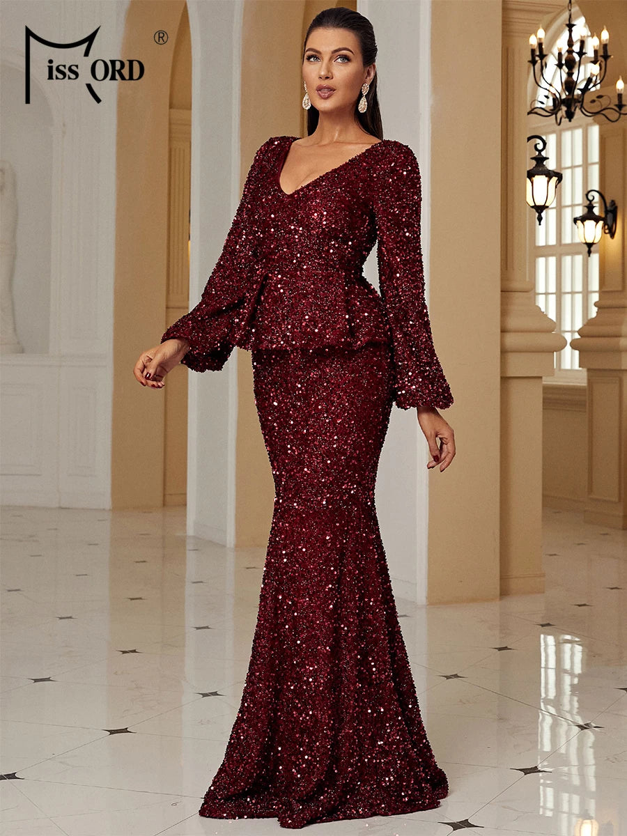 Momsey New Long Sleeve Maxy Evening Dress Lantern Sleeve Sequin Prom Dress Elegant Dresses For Party Dress
