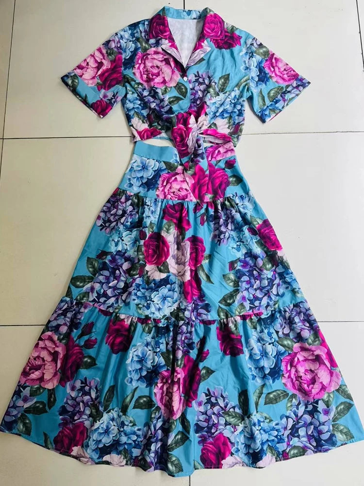 Maxy Retro summer new fashion print skirt lapel single-breasted short shirt+high waist A skirt elegant two-piece women's suit