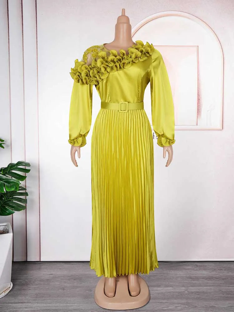 Maxy Woman Autumn Clothes Maxy Long Sleeve Dress with Belt Evening Birthday Elegant and Chic Pleated Dress Plus Size Party Dress