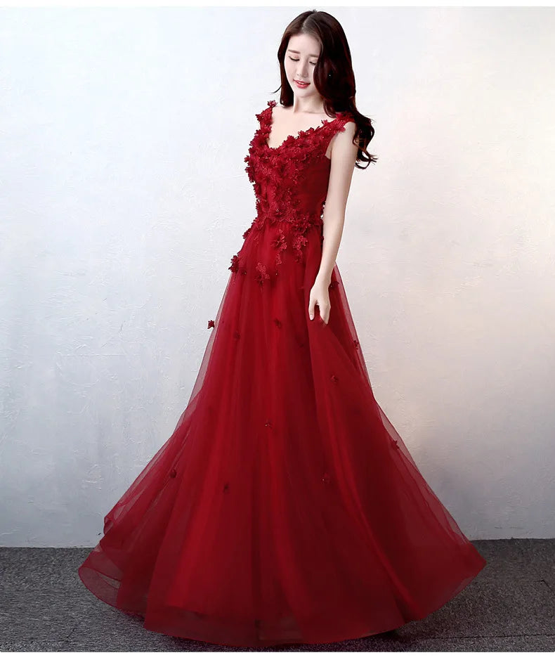 Maxy New Women's Sexy V-neck Embroidered Bridal Wine Red Toast Evening Dress Fashionable Slimming Banquet Slimming Long Dress