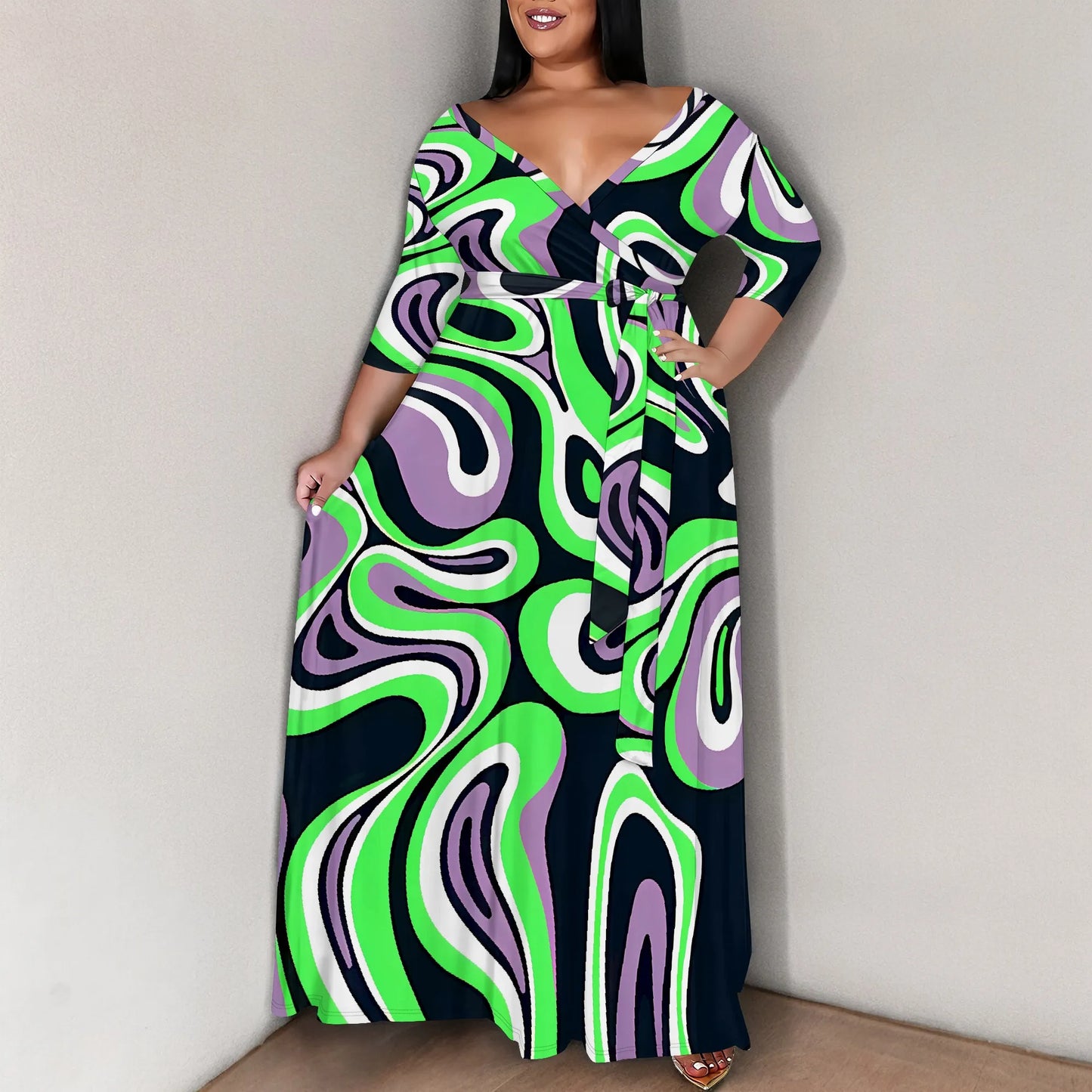 Maxy Plus Size for Women Summer Casual Floral Printing V Neck 3/4 Sleeve Maxy Floor Dress Lace Up Beach Sundress