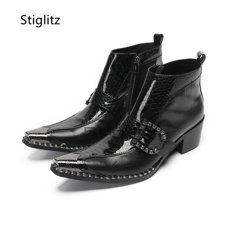 Visco Rhinestone Buckle High Heels Men's Boots Black Genuine Leather Metal Pointed Toe Side Zipper Business Ankle Boots Male Shoes