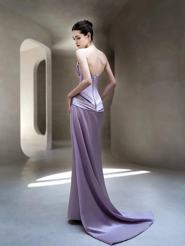Elegant Purple Satin Evening Gown for Women New 2026 Strapless Wedding Dress Bridal Party Celebration Long Floor Length Dress