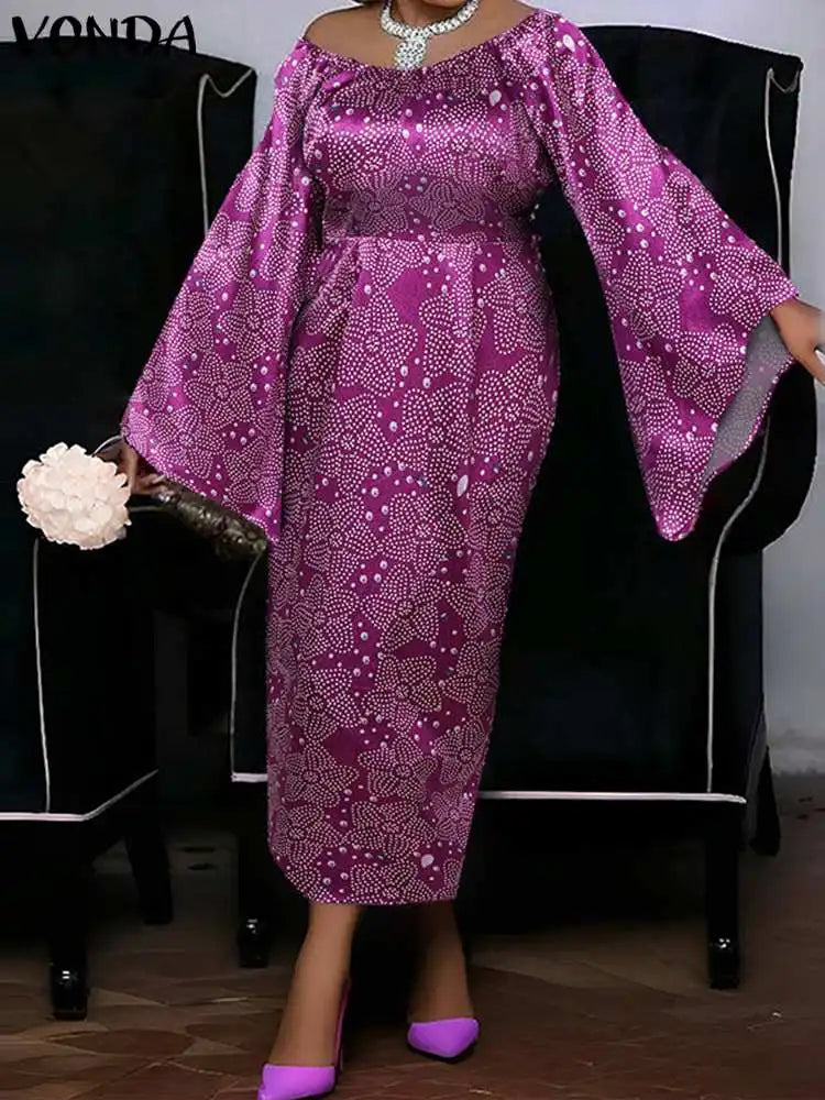 Amay Plus Size 5XL VONDA Women Sexy Off Shoulder Dress Flare Sleeve Party Maxy Long Dress Fashion Printed Sundress Elegant Robe
