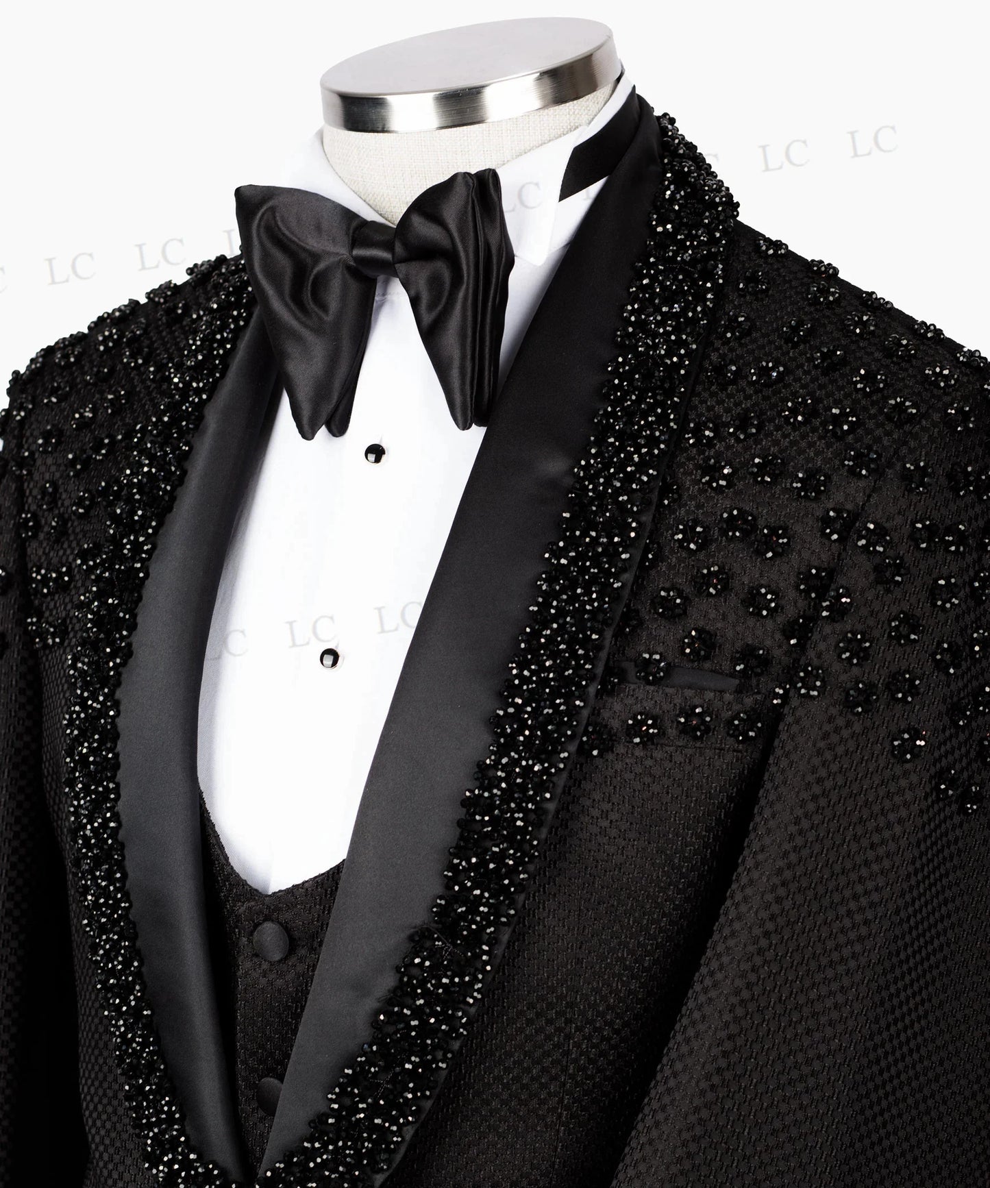 Babs Shiny Black Men Suits 3 Pieces Blazer Vest Pants Sheer Lapel Crystals Beadings Prom Formal Wedding Groom Plus Size Tailored