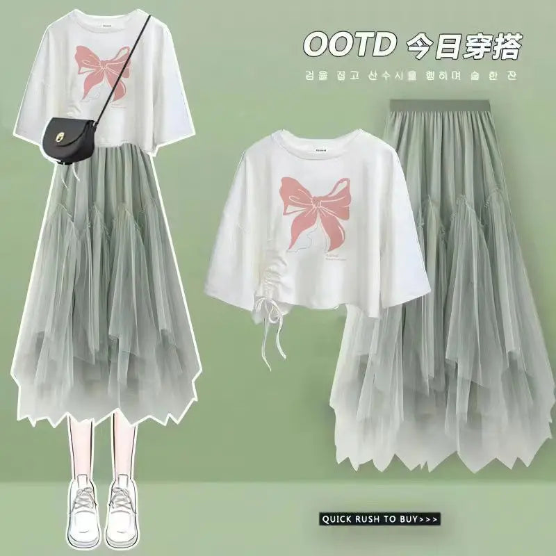 Maxy Summer New Korean Elegant Cute Short Sleeved T-shirt+Mesh Midi Skirt Two Piece Suit Women's Loose Top Dress Matching Set