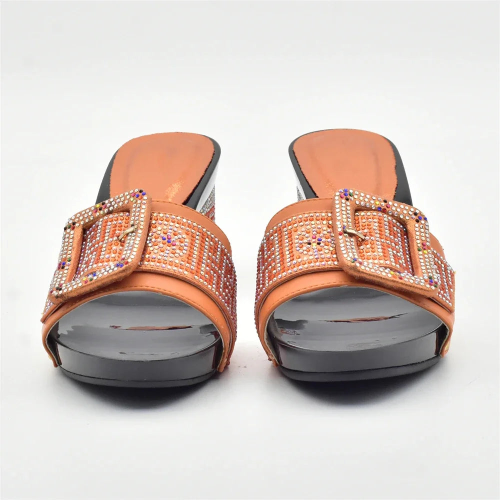 Maxy Orange Color Rhinestone Italian Women Wedding Shoes African Party Shoes Summer Women Slipper Pumps Shoe Italian Elegant Shoes