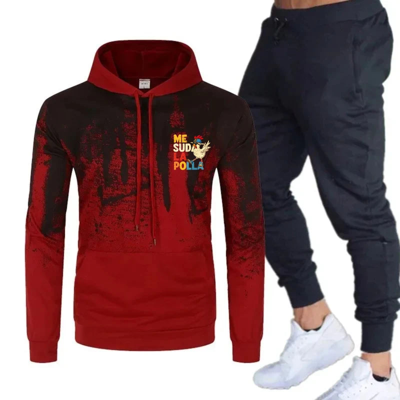 Maxy Men's Hoodie Black Gray Printed ME SUDÁ LA POLA Graphic Sweatshirt Set Tracksuit for Casual Wear and Sport Activities