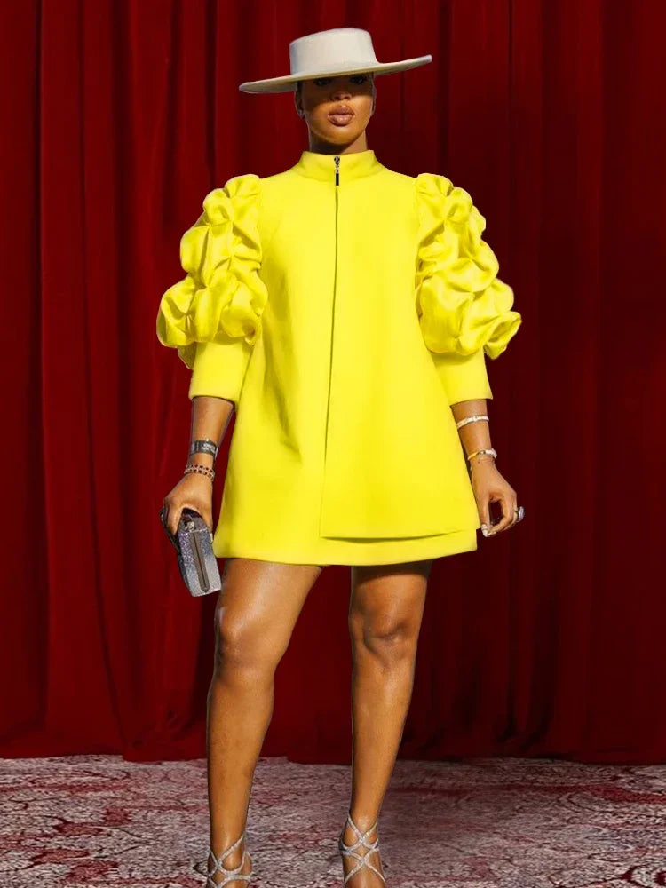 Amay Trendy Mini Scuba Dress Women Plus Size High Neck Puff Sleeve Zipper Up Loose Dresses Retro Vintage Party Club Events Wear 4XL