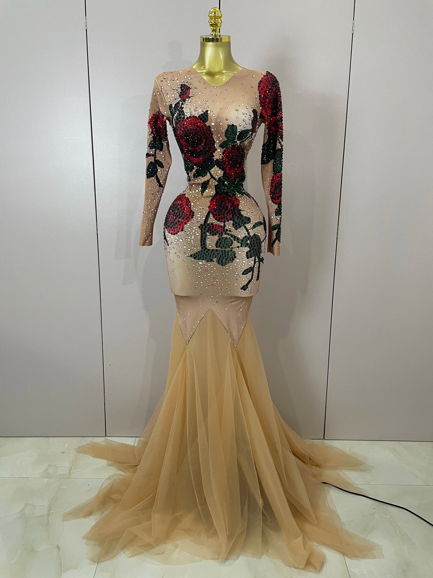 Maxy Sexy Shiny Rhinestone Rose Floral Floor-Length Dress Evening Women Eveing Celebrate Birthday Party Nightclub Performance Costume