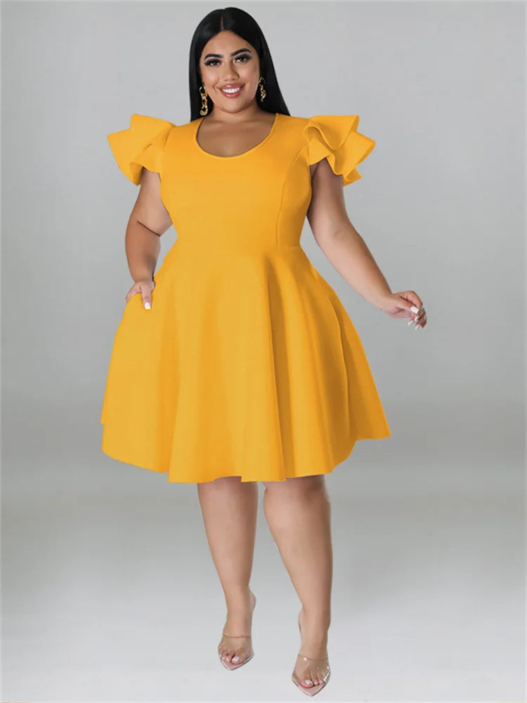 Wmstar Plus Size Dresses for Women Elegant Party Solid Ruffles Sleeve Big Hem Midi Dress Hot Sale New Wholesale Dropshipping