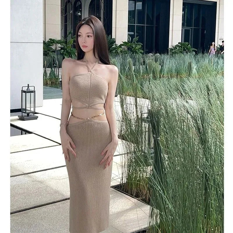 Maxy Temperament Knit Hanging Neck Tank Top Wrap Hip Skirt Two Piece Set Women Lace Up Backless Collarbone Spicy Solid Banquet Wear
