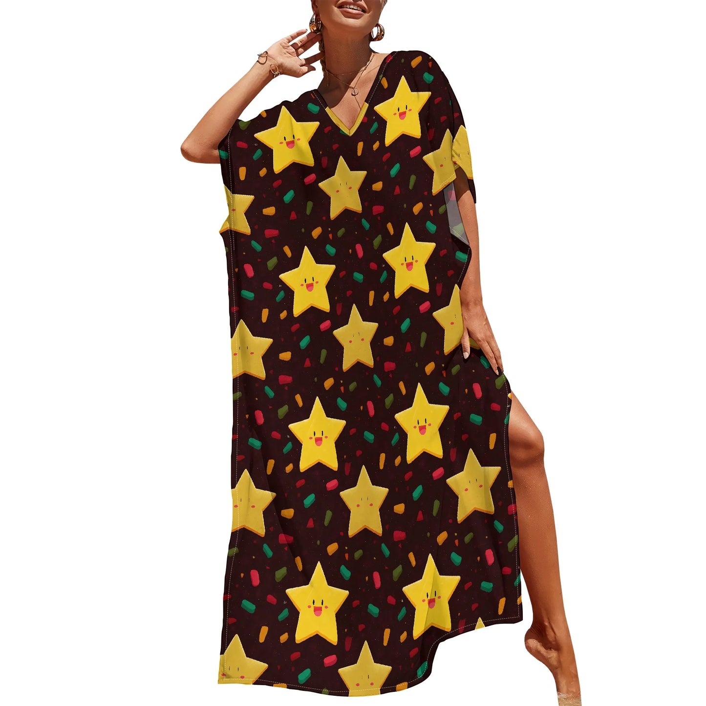 Maxy Starry Night Print Kaftan Maxy Dress V-Neck Loose Fit S-3XL – Fun Holiday Party or New Year’s Eve Celebration Look