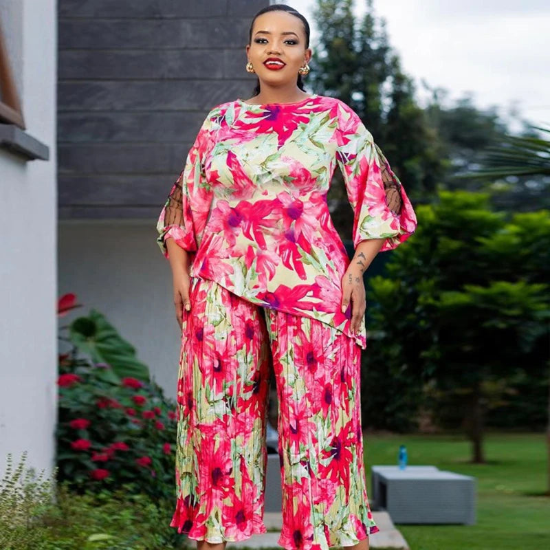 Maxy Women Elegant Printed Two Piece Matching Sets Fashion Long Sleeves Dashiki Tops And Wide Leg Pants Suits African Female Outfits