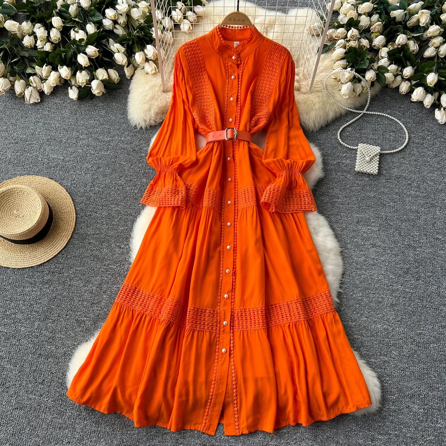 Maxy Retro Elegant Summer Stand Collar Flare Sleeve Single Breasted Lace Spliced Dress A-line French Evening Party Women Dresses
