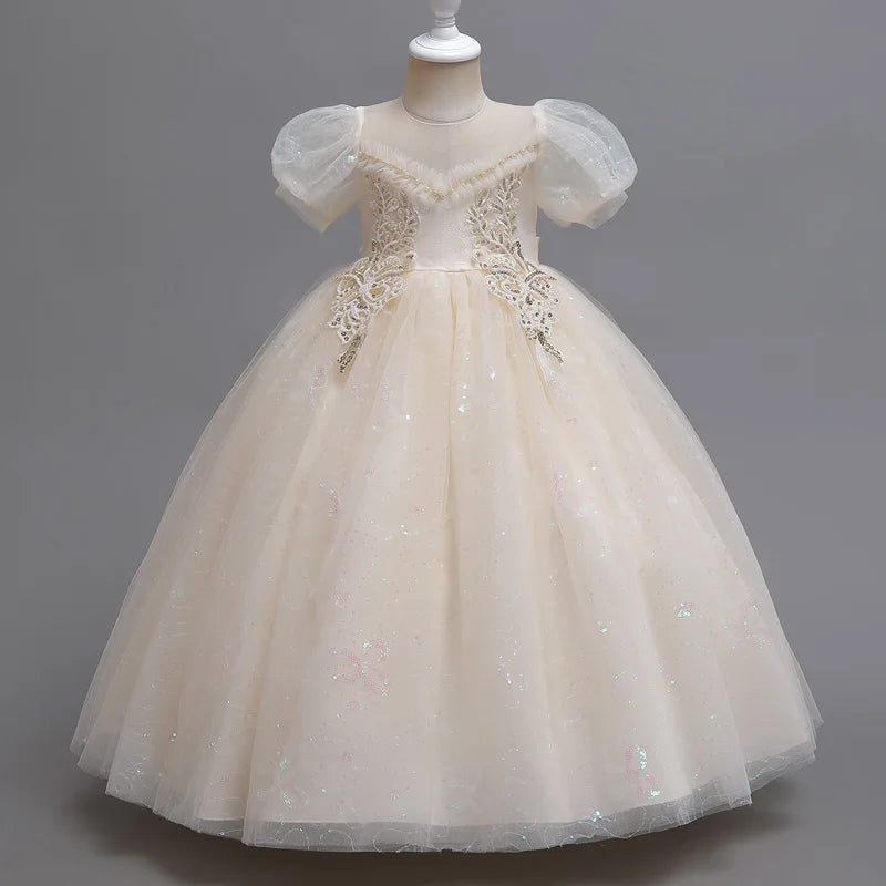 Maxy princess Girl Heavy Industry elegant court style dress skirt Flower child wedding dinner long dress puffed sleeves #C2208