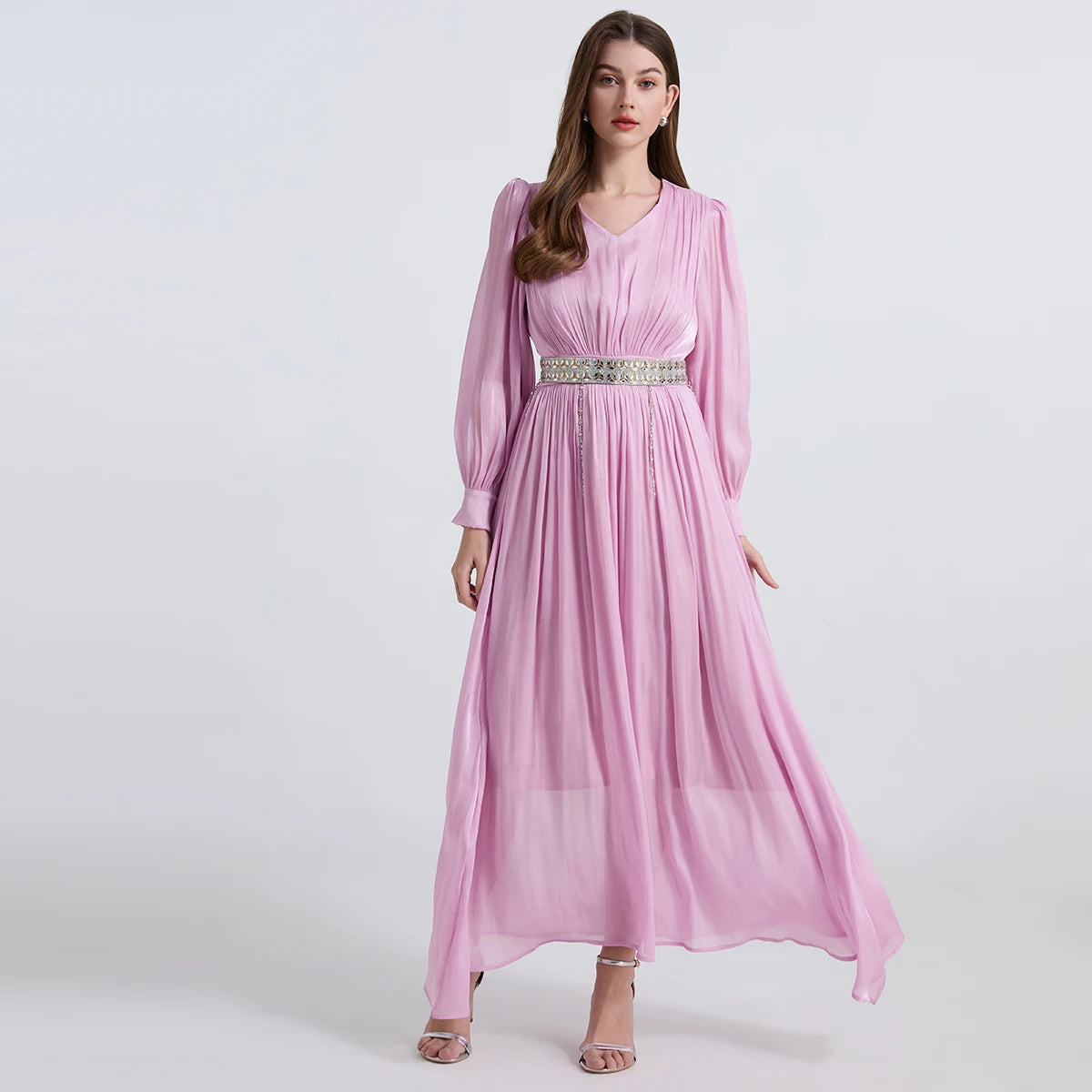 Maxy Solid Beaded Diamonds Ruffle Chiffon Satin Dress for Women‘s V-Neck Long Puff Sleeve Long Maxy Dress Evening Party Robes Femme
