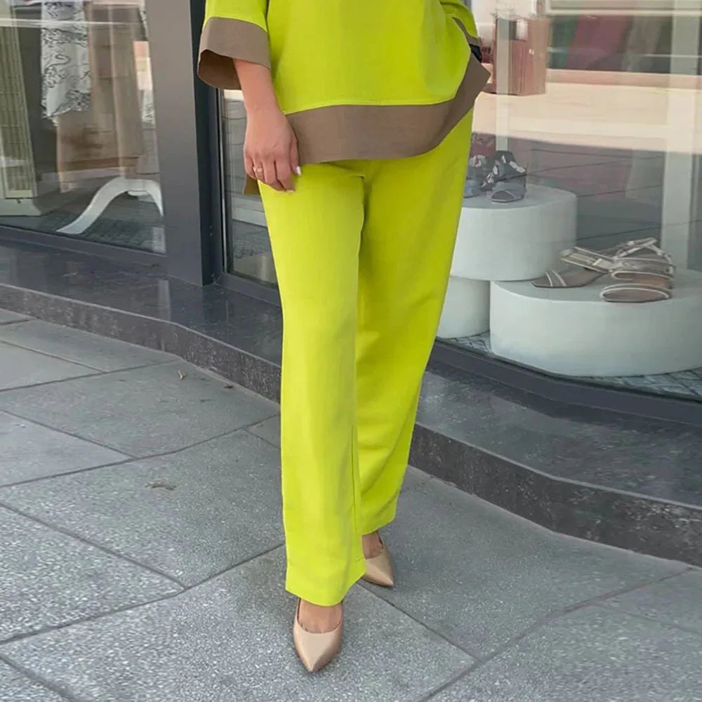 Maxy 2 Pcs/Set Women Top Pants Suit Three Quarter Sleeves Round Neck T-shirt High Wide Leg Trousers Casual Loose Blouse Pants Set