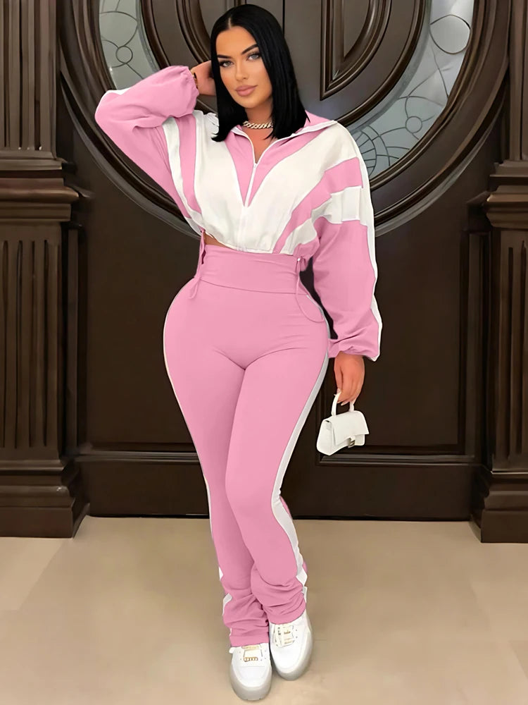 Casual Womens Set Zipper Jacket and Jogger High Waist Flared Pant Suit 2025 Fall Street Fashion Tracksuit Gym 2 Two Piece Sets