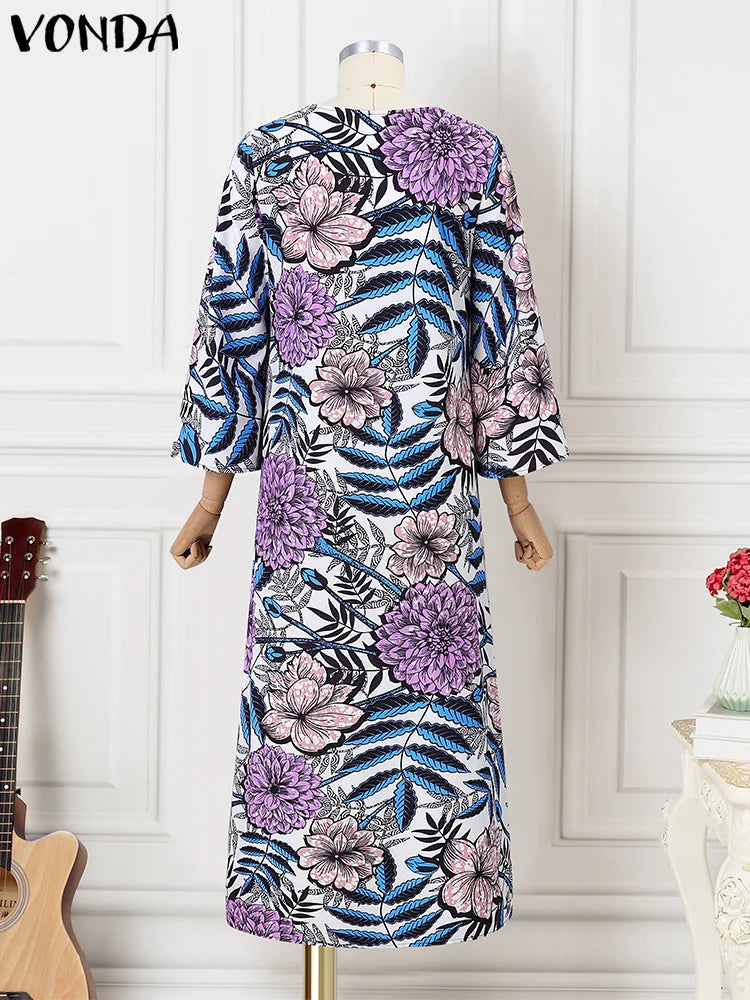 Maxy Plus Size 5XL VONDA Bohemian Maxy Dress Women Elegant Floral Print Sundress Long Sleeve Casual Vestidos Holiday Casual Robe