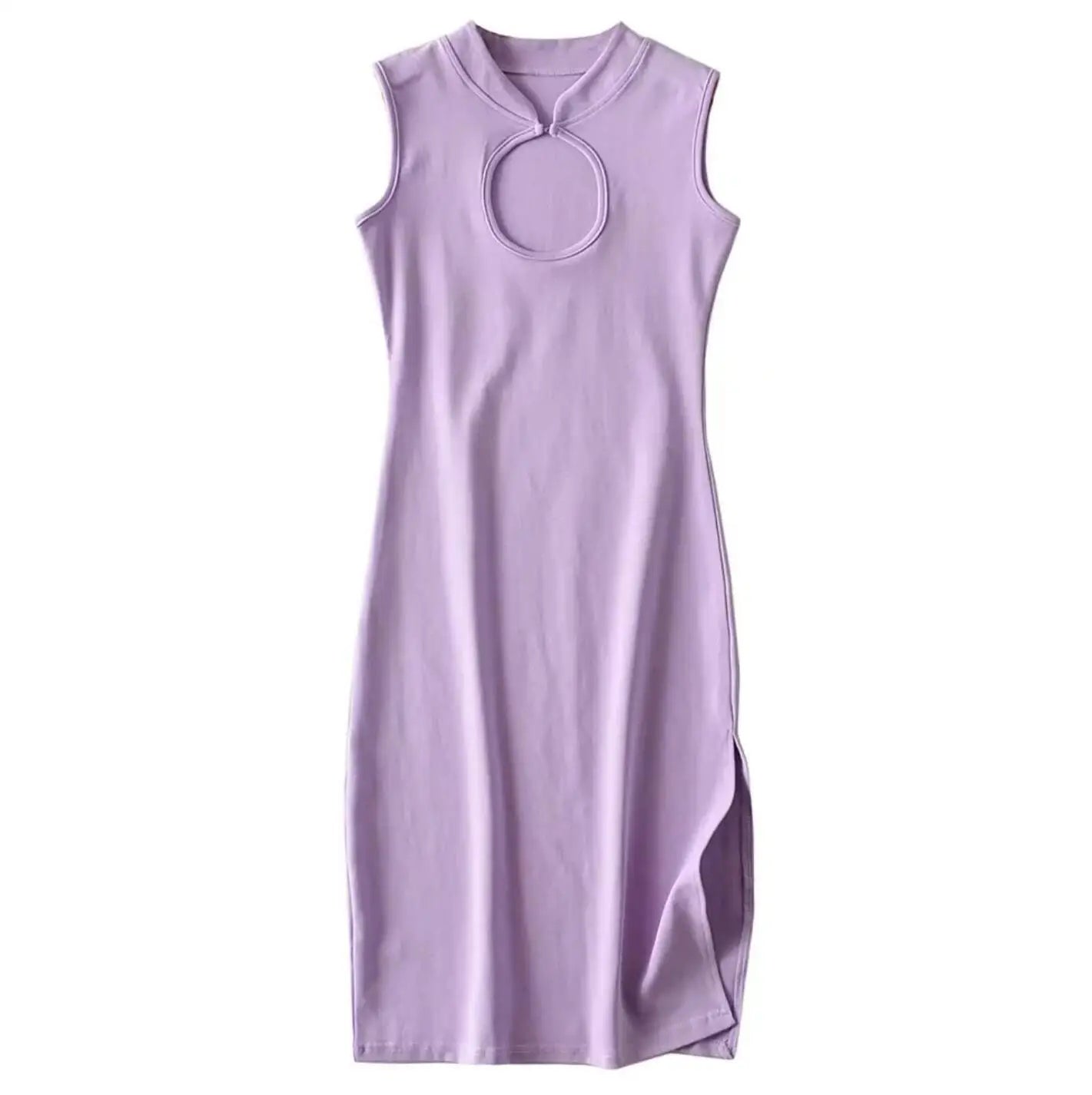 Amay Women Knitted Cotton Sleeveless Cheongsam Dress Mandarin Collar Front Hollow Out Chinese Side Slit Package Hips Midi Robe