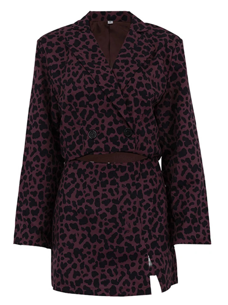 Maxy Women Red Leopard Print Two-piece Suit Blazer Lapel Long Sleeve Fashoin Tide Half Body Skirt Spring Autumn New A531