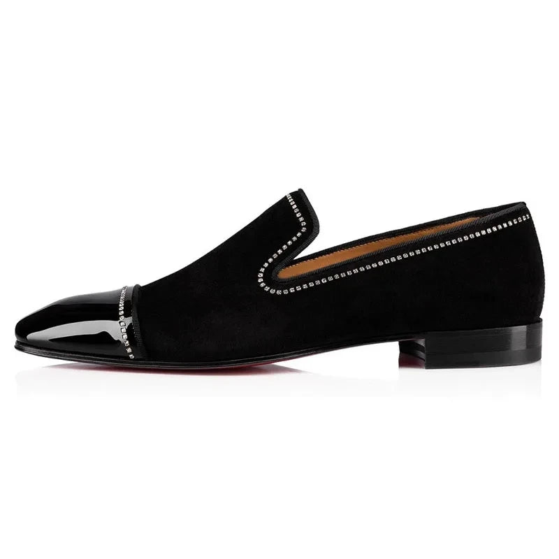 Visco Black Suede Rhinestone Wedding Shoes Man Pointed Toe Leather Patchwork Slip On Flats Male Sexy Party Shoes