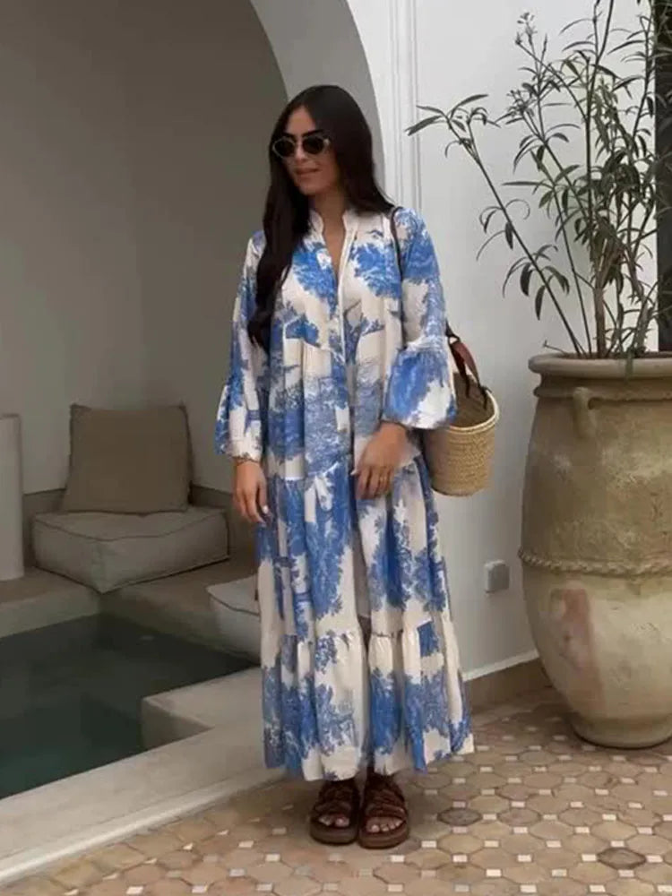 Maxy Plus Size Floral Print Dress V-Neck Button Front Flared Sleeve Summer Beach Vacation Boho Long Dresses Outfit For Woman