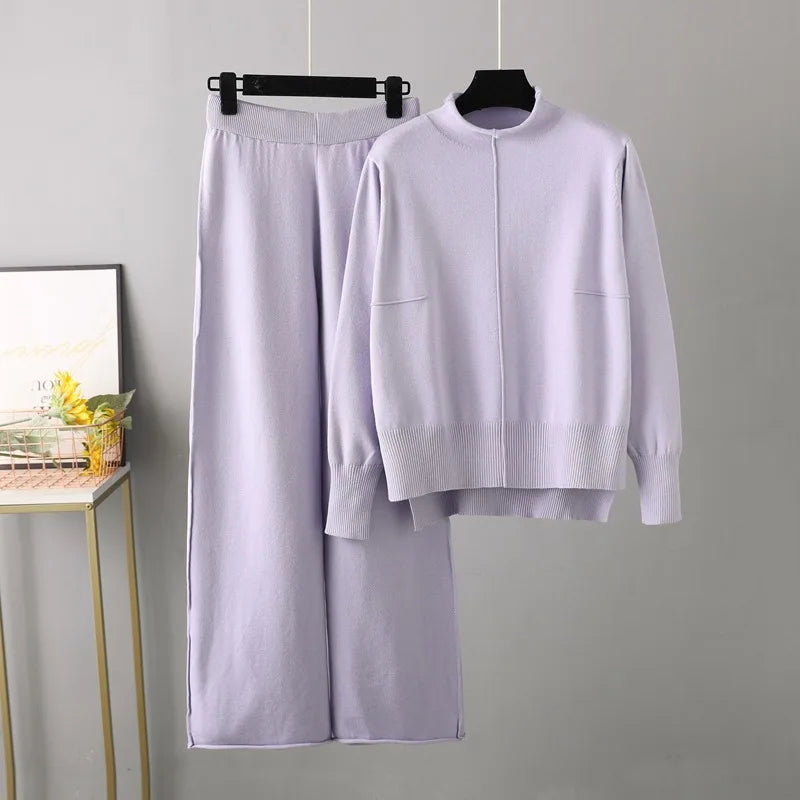 Maxy Winter Sweater for Women Tracksuit Half High Collar Knit Solid Color 2 Piece Set Knitted Pullover Sweater Elastic Trousers Suits