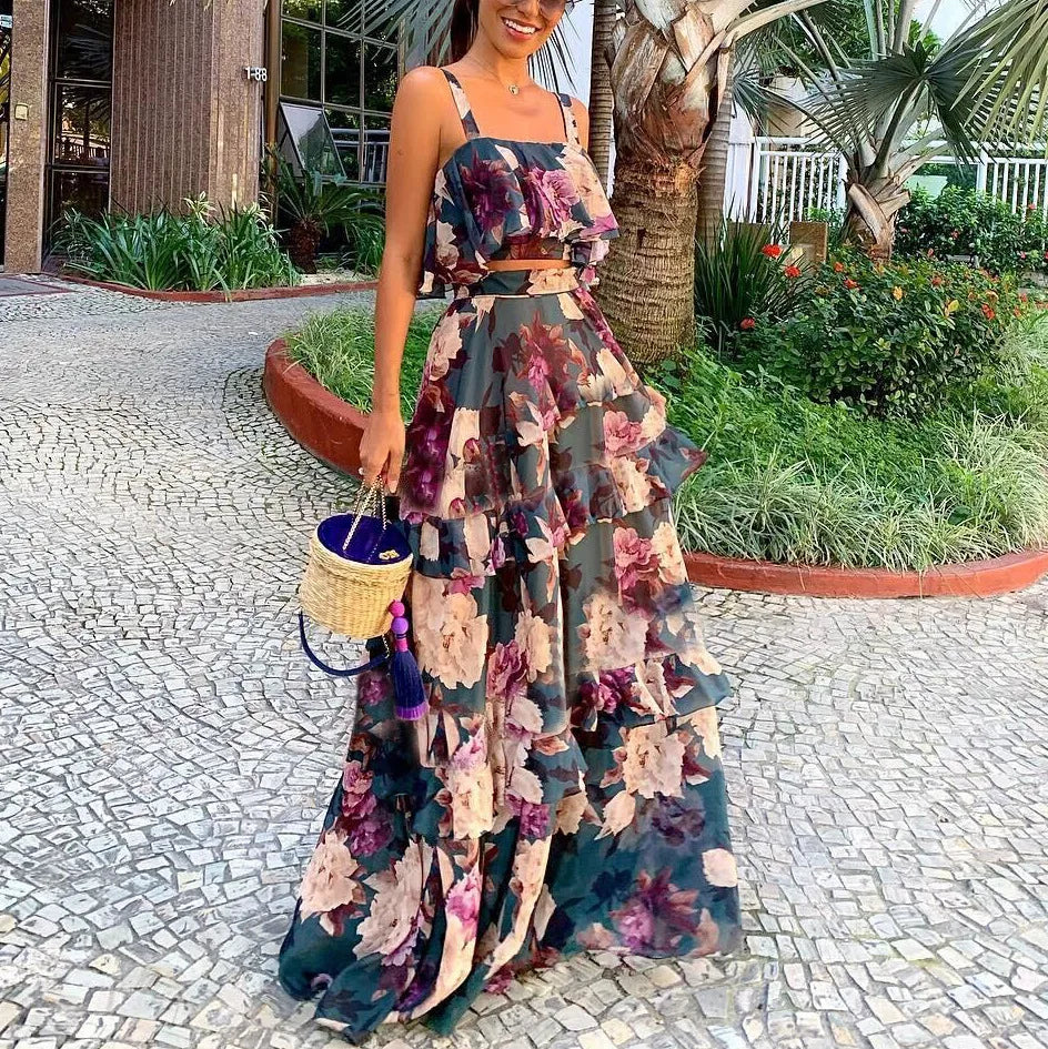Maxy sleeveless crop top + maxy skirt women two pieces suit dresses vintage floral print ruffles summer set robe