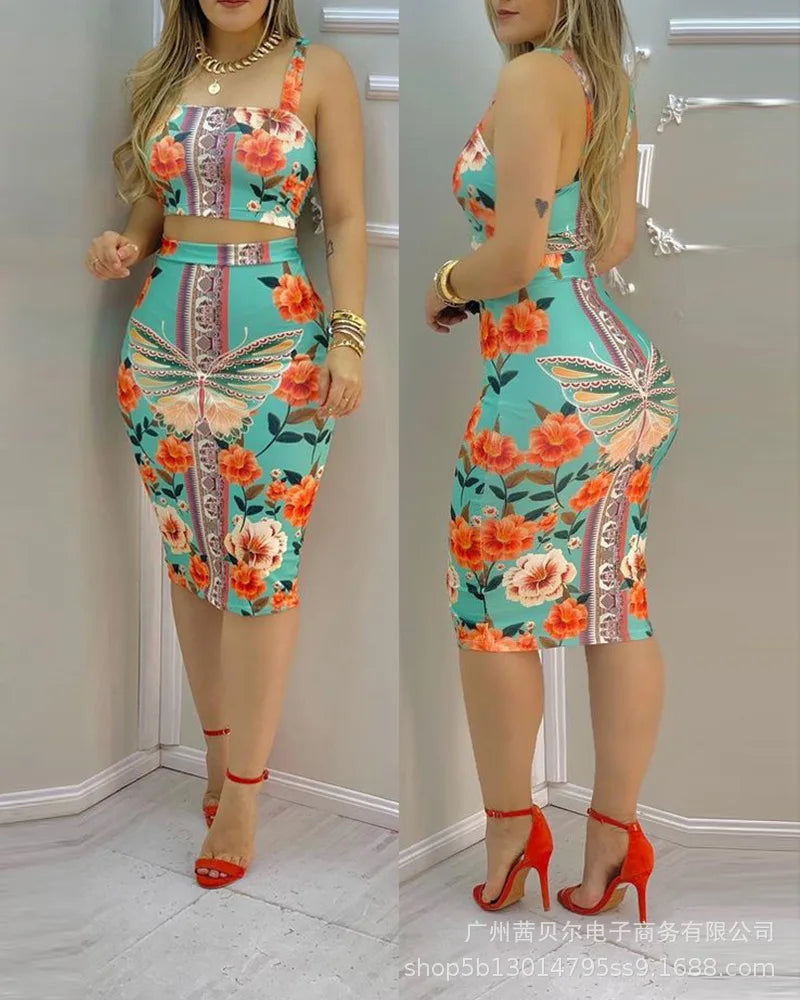 Maxy Two Piece Set Women Outfit Summer Butterfly Floral Print Square Neck Sleeveless Crop Vest & Casual High Waist Skinny Skirt Set