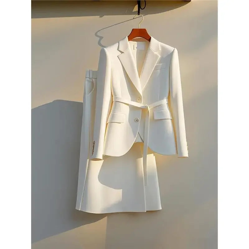 Maxy Korean Female Lead Early Autumn High-end White Suit Jacket Half Skirt Professional Two-piece Set Clothing