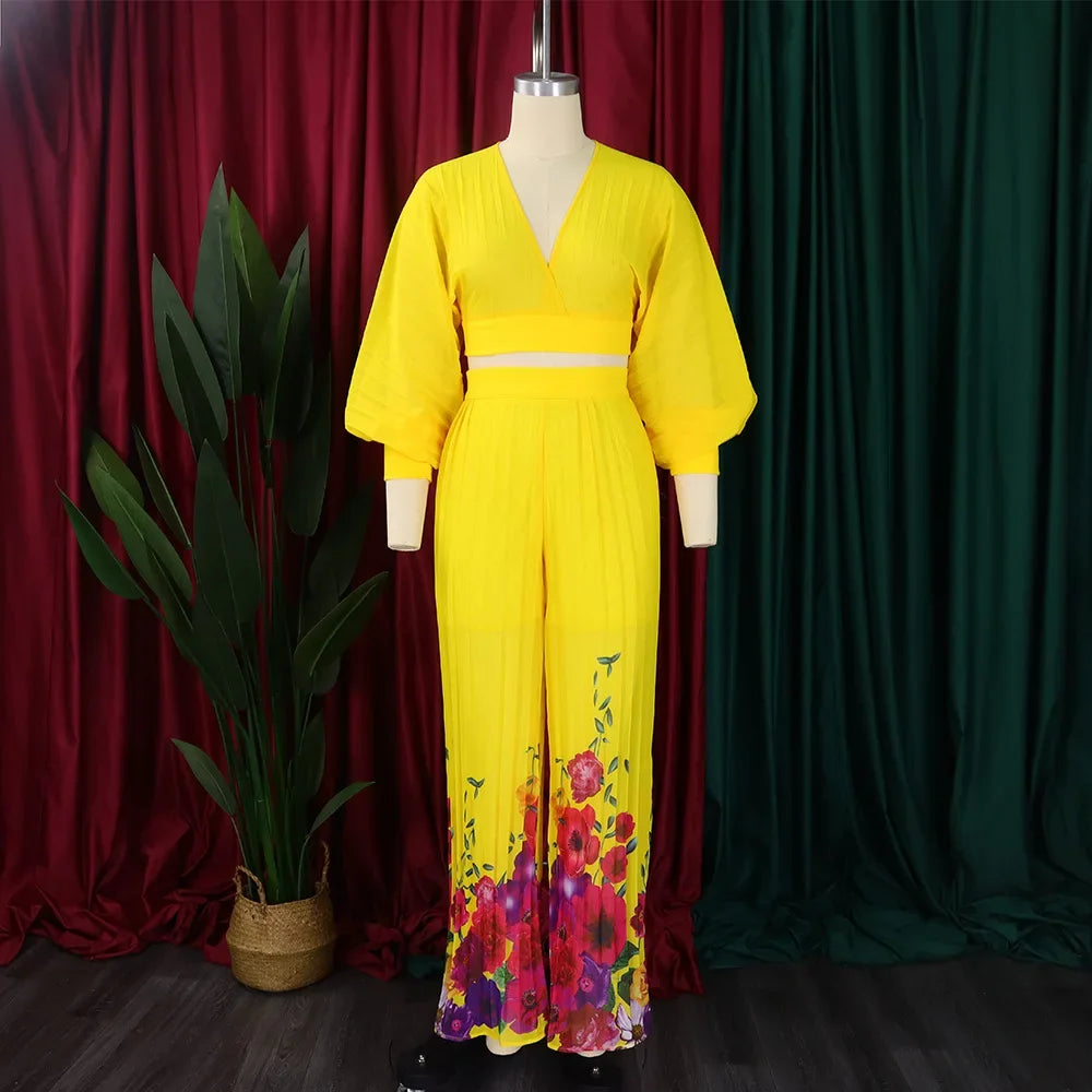 Babs 2 Two Piece Set Clothes Plus Size African Dresses for Women Summer Outfits Crop Top Pleat Pants Set