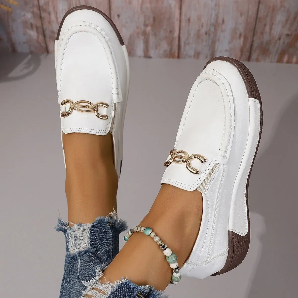 Visco Women's Casual Shoes Spring and Autumn New Metal Decorative Round Toe Shallow Shoes Fashion Slip-on Thick Sole Loafers 43