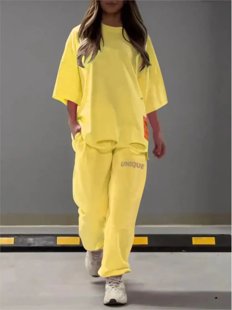 Maxy Summer New Fashion Hollowed Out O Neck T Shirt Women's 2 Piece Set Solid Color Casual Relaxed Tracksuit Pants Pocket Female Suit