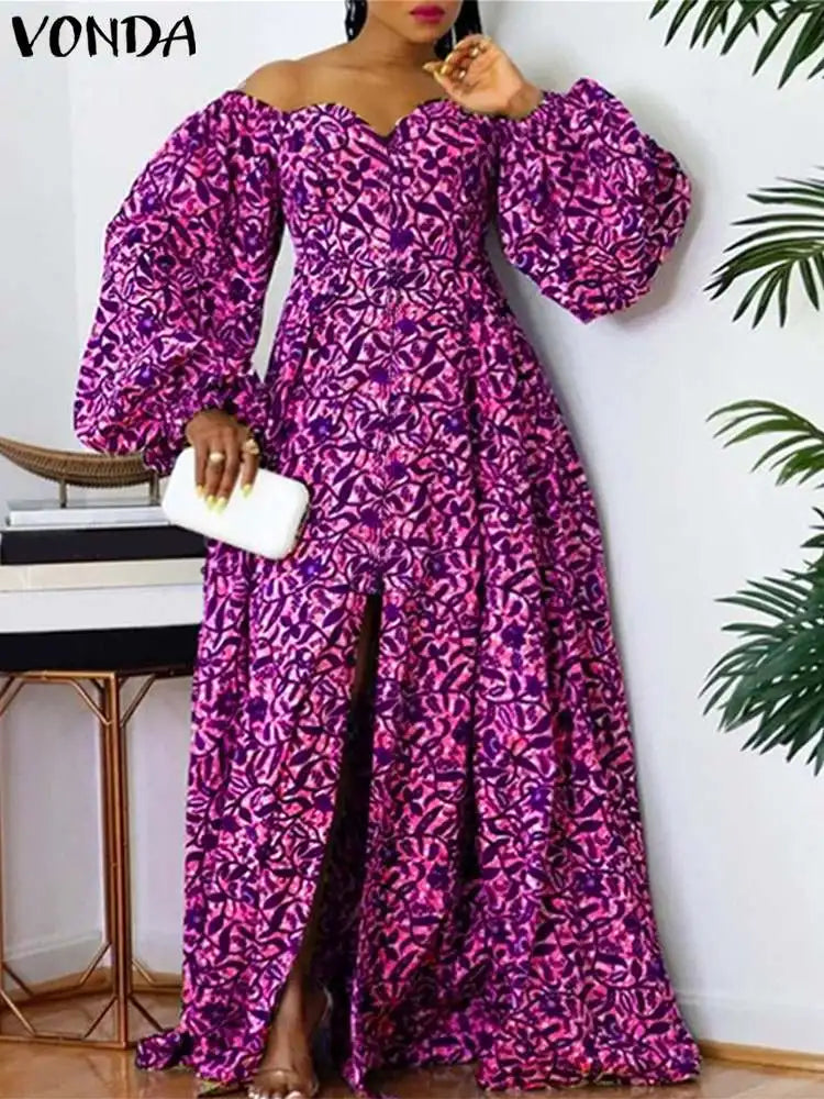 Maxy Plus Size 5XL Women Maxy Dress Off The Shoulder Puff Sleeve Floor-Length Printed Vest Oversize Casual Robe