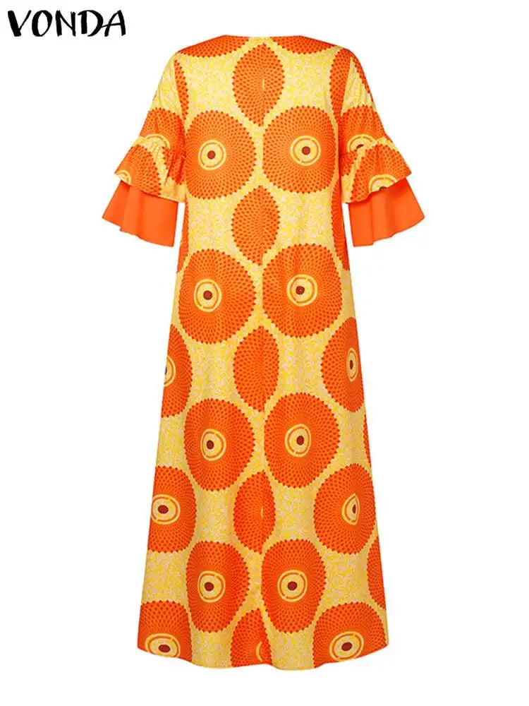 Maxy Plus Size 5XL Bohemian Women Printed Maxy Dress Elegant Vintage Sundress Casual Bow Flare Sleeve Long Shirt Vestidos