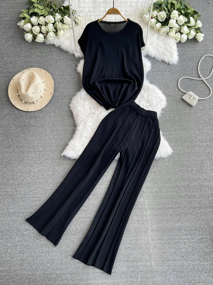 Maxy Fashion Pants Suit Women Korean-style Loose O Neck Knitted T-shirts Tops High Waist Straight Wide-leg Pants Women Two-piece Sets