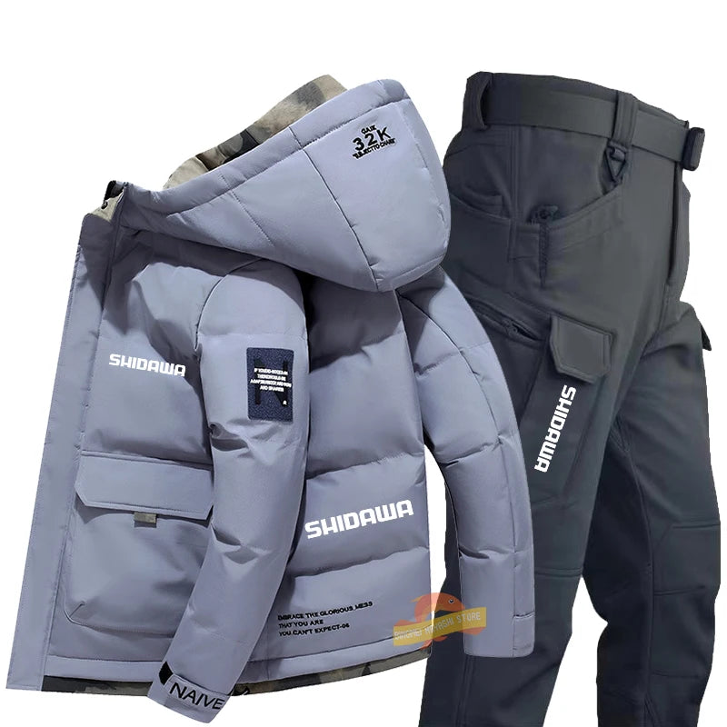 Maxy New Fishing Suit Men Winter Down Clothing Windproof and Coldproof Mountain Climbing Jacket + Waterproof Warm Pants Two-piece Set