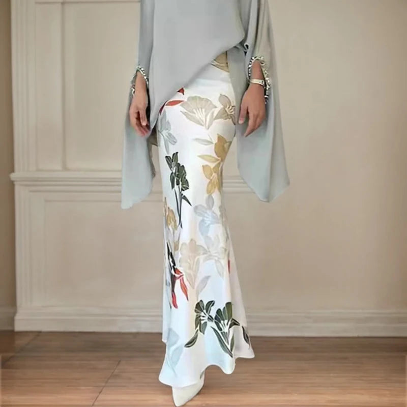 Maxy Vintage High Street Long Dress Suit Elegant Batwing Sleeve Tops Blouse Long Skirt Two Piece Set High Fashion Commuting Satin Set