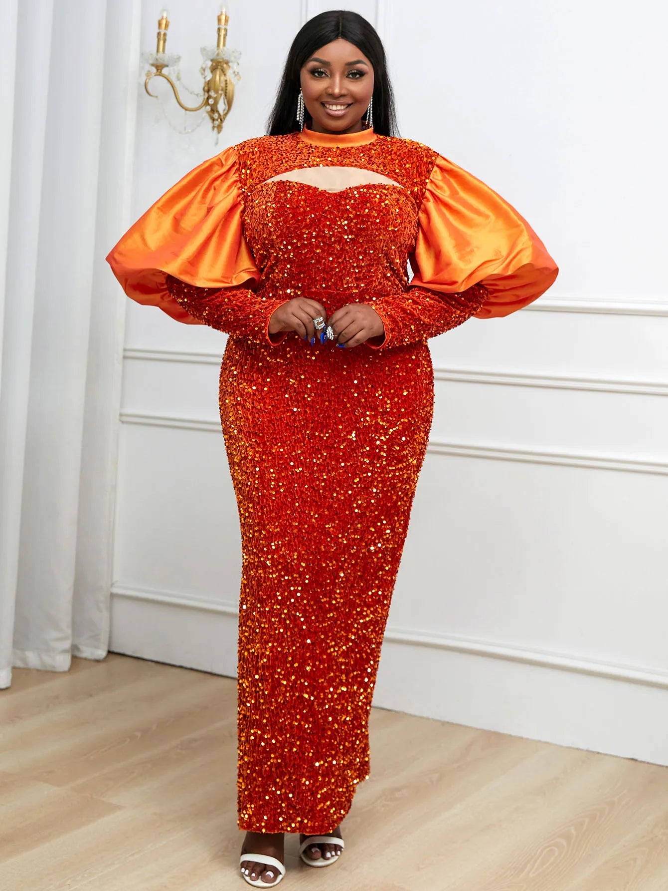 Women Sequin Christams Party Dresse Velvet Chest Wrapped Puff Sleeve Sparkly Gowns Classy Ladies Winter Celebrity Birthday 4XL
