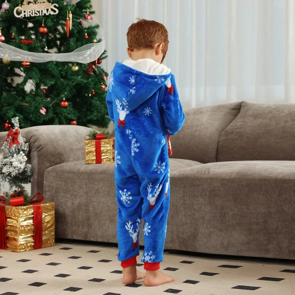 New Year's Clothes Flannel Warm Thicken One-Piece Suit Christmas Pajamas Set Zipper Hooded Jumpsuit Romper Xmas Family Look Pjs
