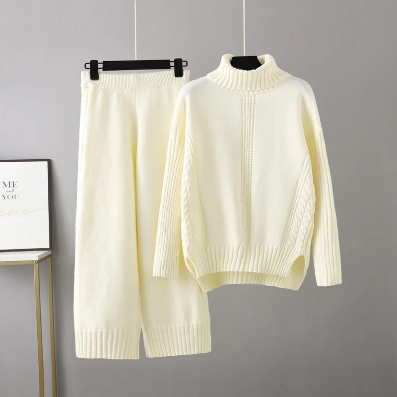 Maxy HLBCBG Cashmere Women Tracksuits Knitted Thick Women Turtleneck Sweater 2/Two Piece Sets Drawstring Harem Pants Suits Outfits