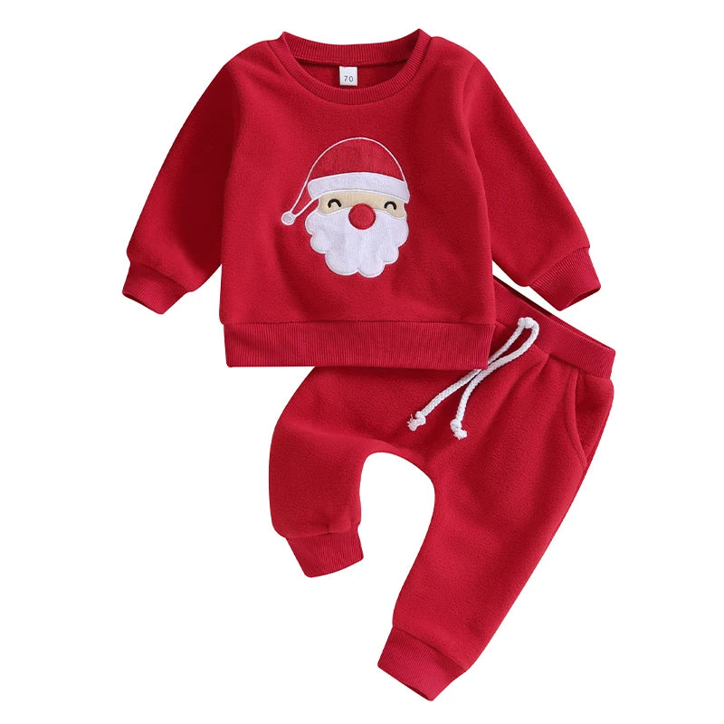 Maxy Toddler Boys Christmas Outfits Santa Embroidery Long Sleeve Sweatshirts and Solid Color Long Pants 2Pcs Clothes Set