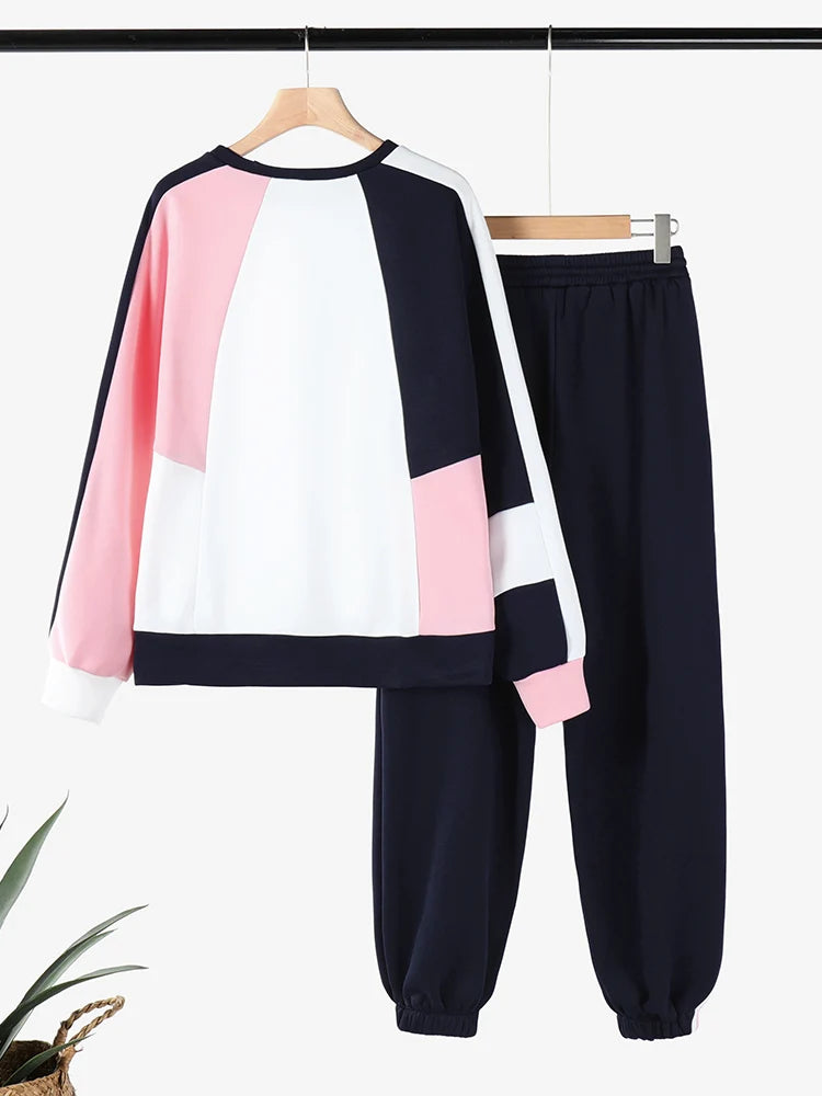 Maxy Fall Loose Tracksuits Long Sleeve Sweatshirts Sweatpants Casual Color Block 2pcs Outfits Streetwear Women Pant Sets