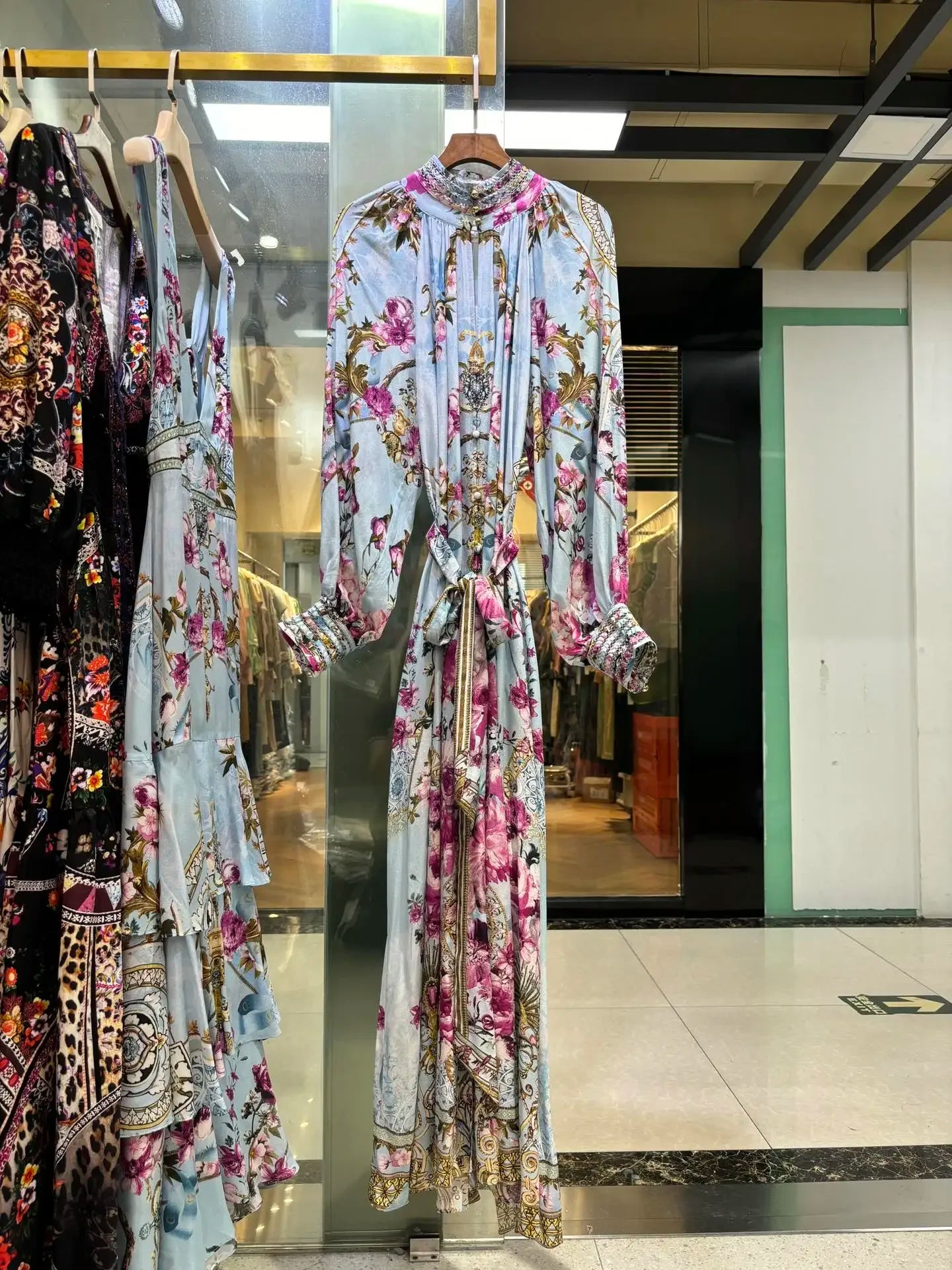 Amay Robe for Women New Spring Summer 100% Silk Hollow Out Flower Printed Stand Collar Waist Lace-up Casual Long Dress