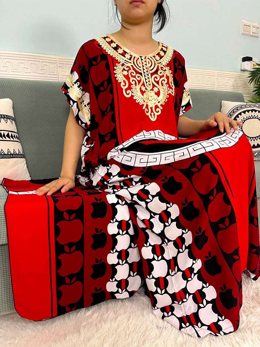 Maxy Muslim Cotton Abayas For Women Appliques Printed Caftan Marocaine Femme Robe Boubou African Islam Dresses With Headscarf
